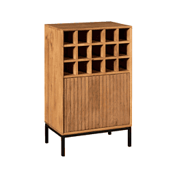 Modern houten wijnkast met 12 vakken en houten deur, industrieel design, vakmanschap en natuurlijke afwerking, perfect voor wijncollecties en woonkamer decoratie.