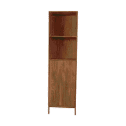 Modern houten boekenkast met open vakken en dichte opslagruimte, perfect voor woonkamer of kantoor, vervaardigd uit kwalitatief massief hout, in een warme natuurlijke afwerking.