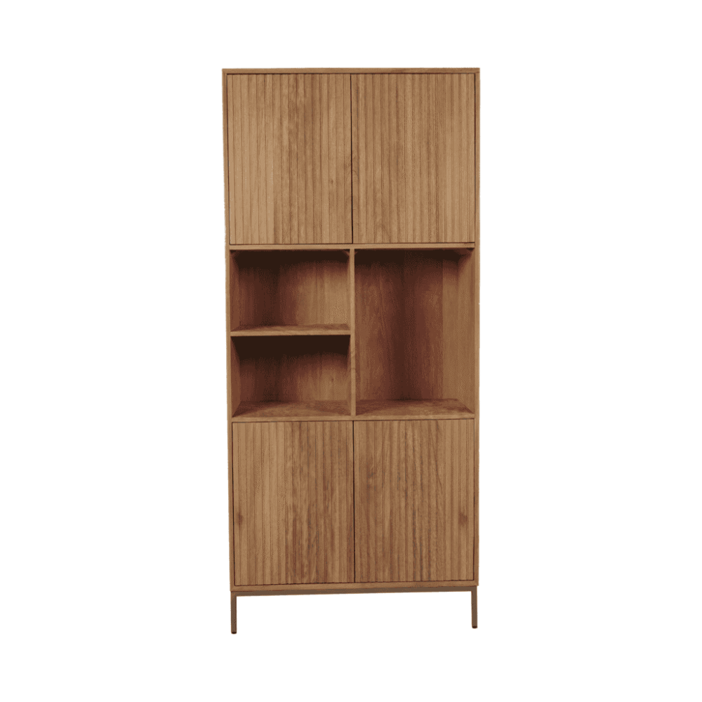 Houten boekenkast met gesloten en open opbergvakken, moderne ontwerp, natuurlijke afwerking, geschikt voor woon- of kantoorinterieur.