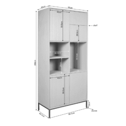 Stijlvolle houten kast met multifunctionele opbergruimte, perfect voor woonkamer of kantoor, met boven- en onderste deuren, open planken en voldoende opbergruimte in een modern design.
