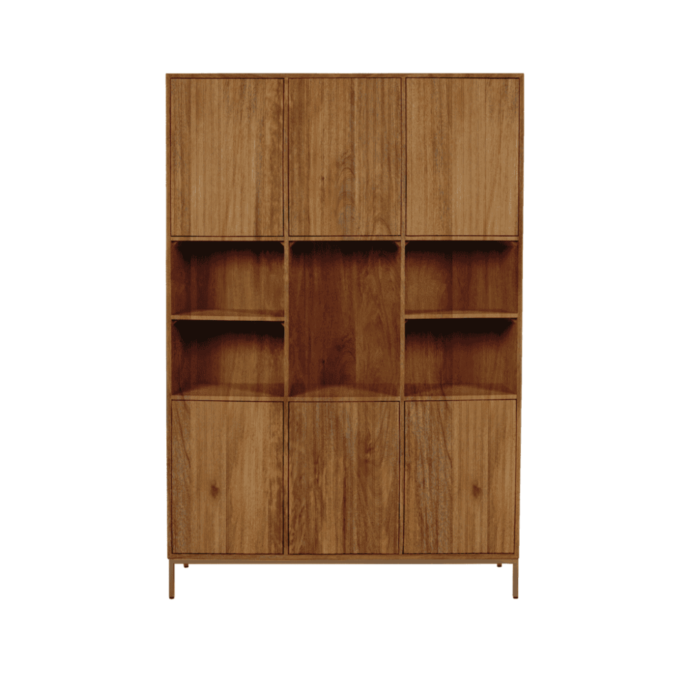 Houten meubel met open en gesloten opbergvakken, Scandinavisch design, robuuste eikenhoutafwerking, perfect voor woonkamer of kantoor, stijlvolle en praktische opbergoplossing.