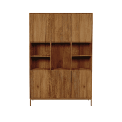 Houten meubel met open en gesloten opbergvakken, Scandinavisch design, robuuste eikenhoutafwerking, perfect voor woonkamer of kantoor, stijlvolle en praktische opbergoplossing.