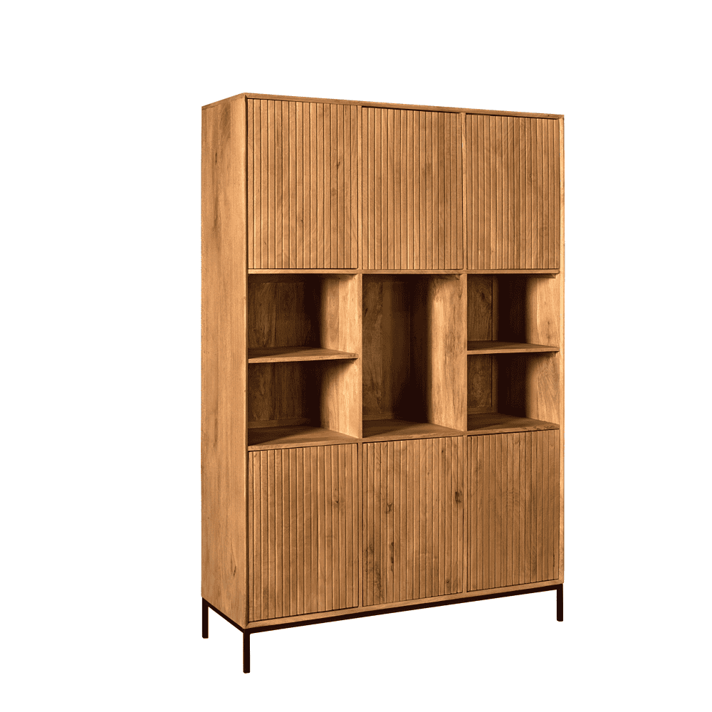 Robuuste eiken houten boekenkast met open vakken en dichte kasten onderaan, modern design en stevig frame. Perfect voor stoere en natuurlijke interieurstijlen, veel opberg- en displayruimte.