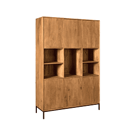 Robuuste eiken houten boekenkast met open vakken en dichte kasten onderaan, modern design en stevig frame. Perfect voor stoere en natuurlijke interieurstijlen, veel opberg- en displayruimte.