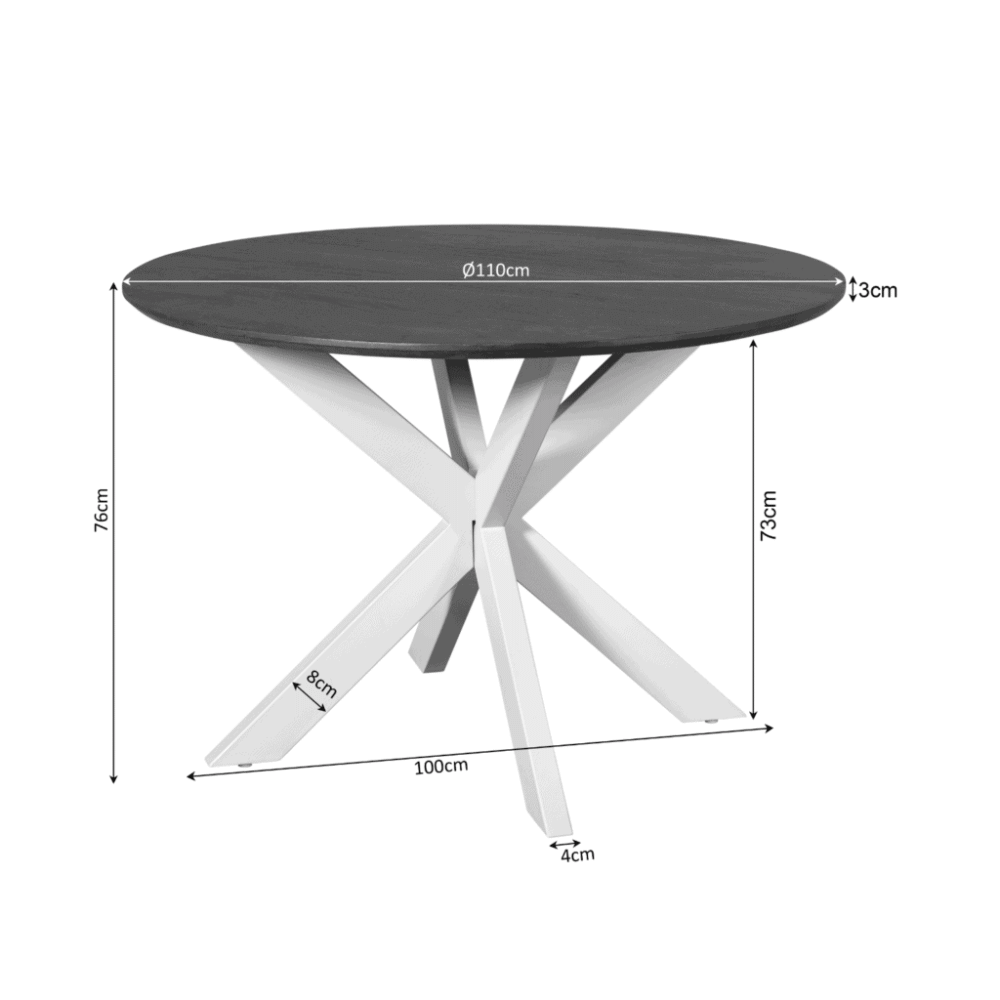 Robuuste ronde eettafel van massief hout met mooi afgewerkt oppervlakte, diameter 110 cm, hoogte 76 cm, modern design, perfect voor woonkamer of eetkamer, Scandinavisch stijl.