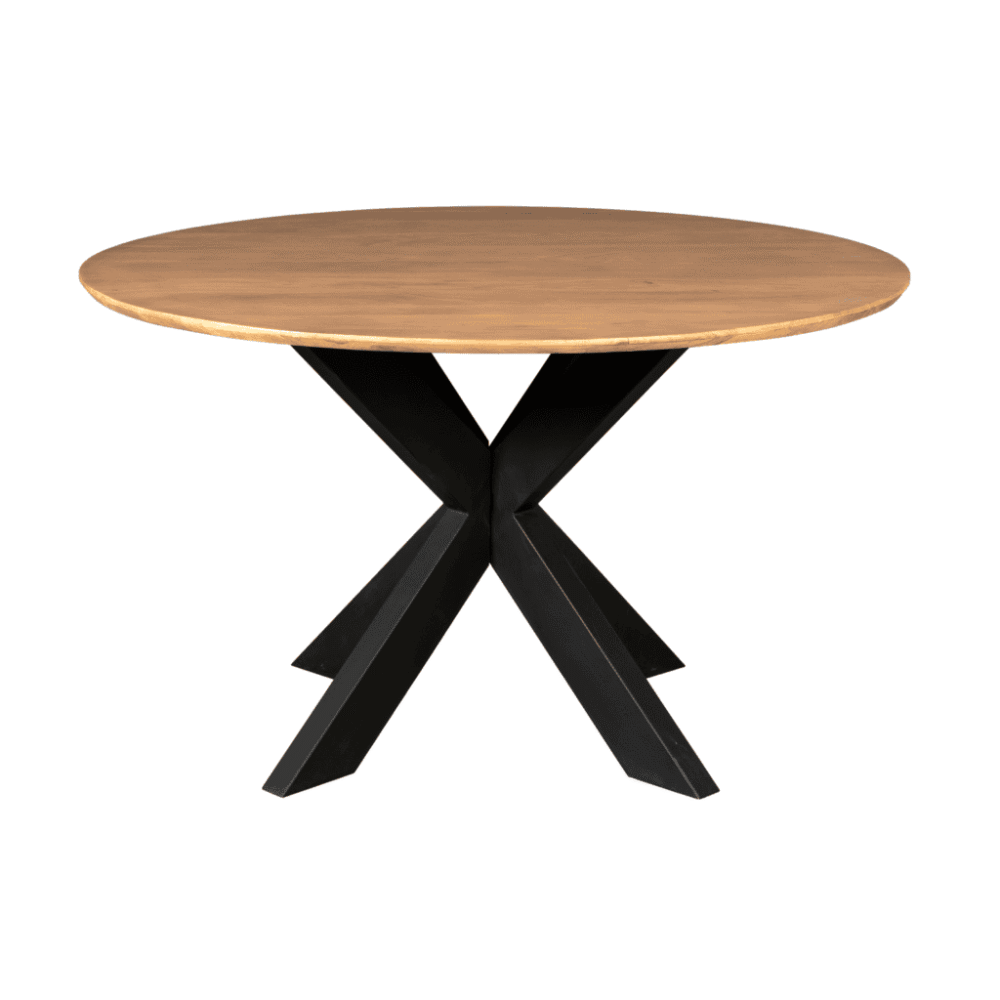 Strak houten eettafel met zwart metalen onderstel, modern design, perfect voor een stijlvolle eetkamer of interieur, made by Mokana Meubelen.