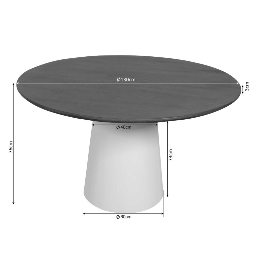 Kleine tafel met ovale zwarte houten tafelblad en witte conische poot, moderne design meubelstuk voor eetkamer of woonkamer.