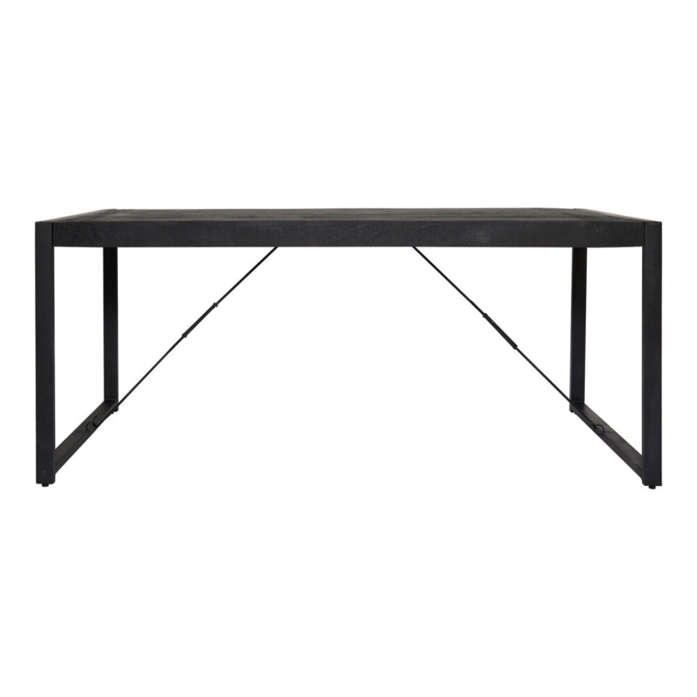 Robuuste zwarte eettafel in modern industrieel ontwerp, perfect voorwoonkamer, eetkamer of kantoor, gemaakt van stevig hout en met metalen details voor een strakke uitstraling.