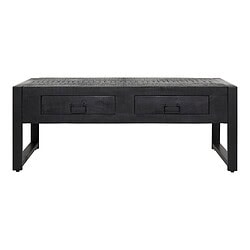 Zwarte industriële salontafel met twee laden en metalen handgrepen, gemaakt van massief hout en met een ruwe afwerking, perfect voor een modern of industrieel interieur.