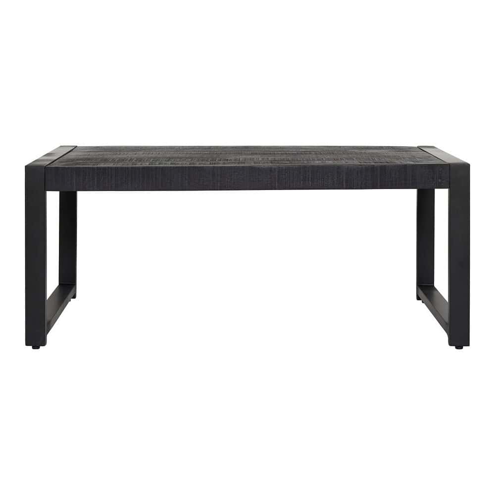 Stoere zwarte salontafel met metalen onderstel en houten blad, modern design, perfect voor eigentijdse woonkamer inrichting.