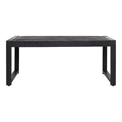 Stoere zwarte salontafel met metalen onderstel en houten blad, modern design, perfect voor eigentijdse woonkamer inrichting.