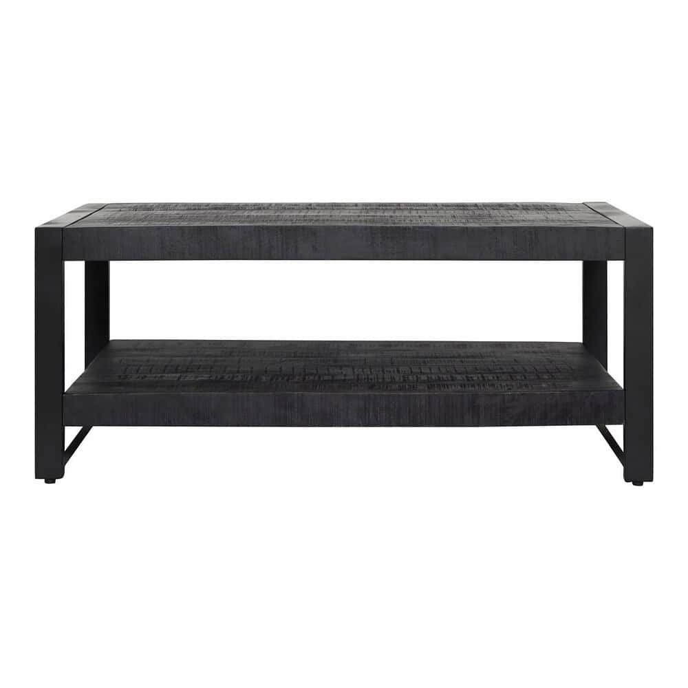 Stoere zwarte houten salontafel met rustiek houten tafelblad en open onderste plank, modern industrieel design, perfect voor woonkamer interieur, Mokana Meubelen.
