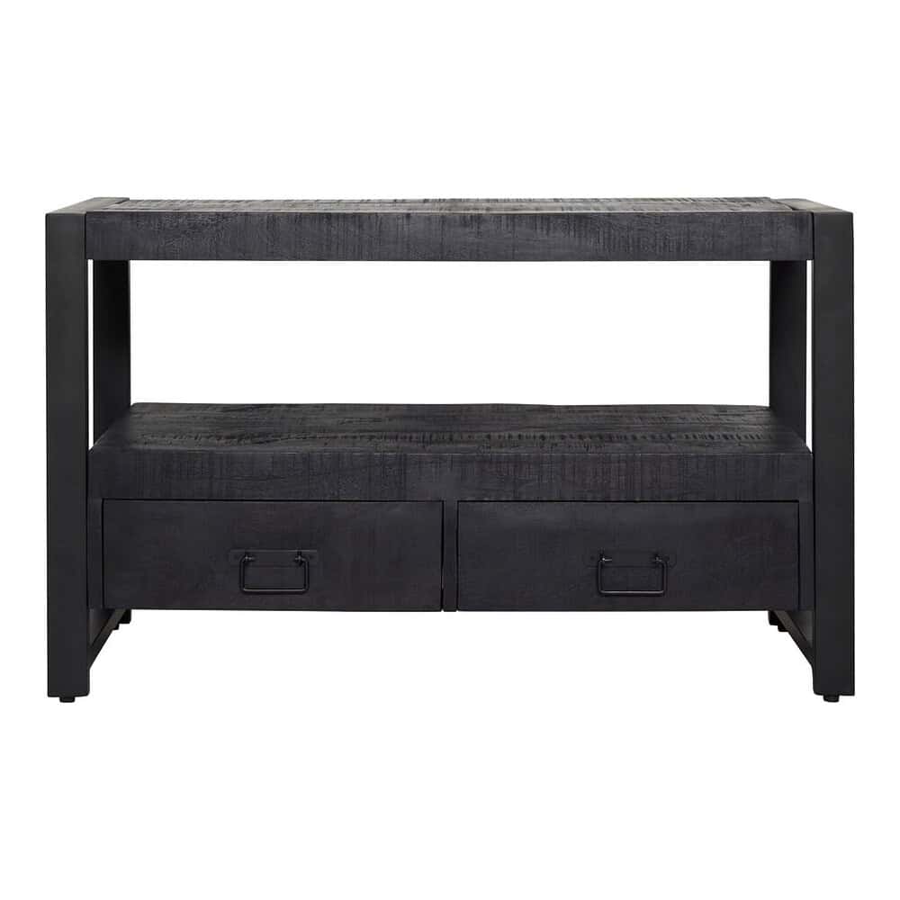 Robuuste zwarte salontafel met opbergladen en industrieel design, perfect voor een moderne woonkamer en matching met industriële meubels.
