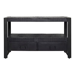 Robuuste zwarte salontafel met opbergladen en industrieel design, perfect voor een moderne woonkamer en matching met industriële meubels.