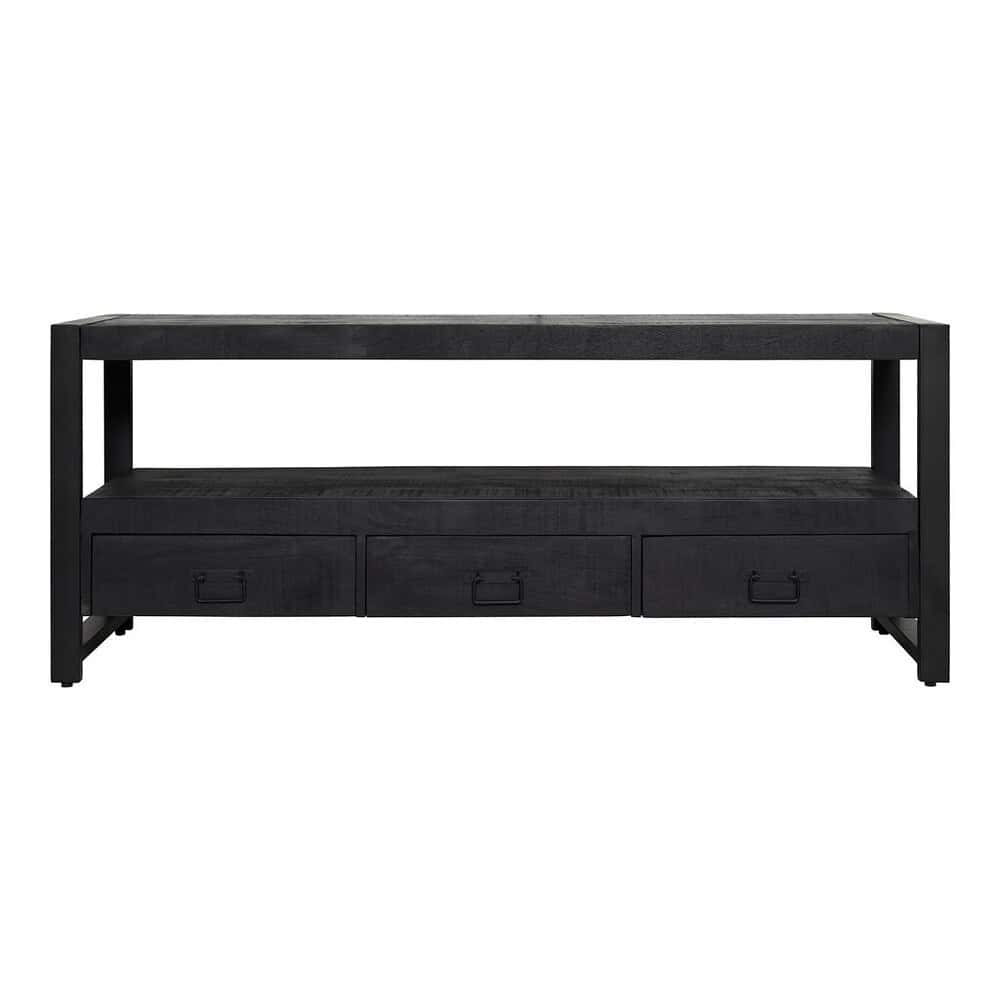 Robuuste zwart houten tv-meubel met opbergladen, industrieel design, perfect voor moderne woonkamer inrichting.