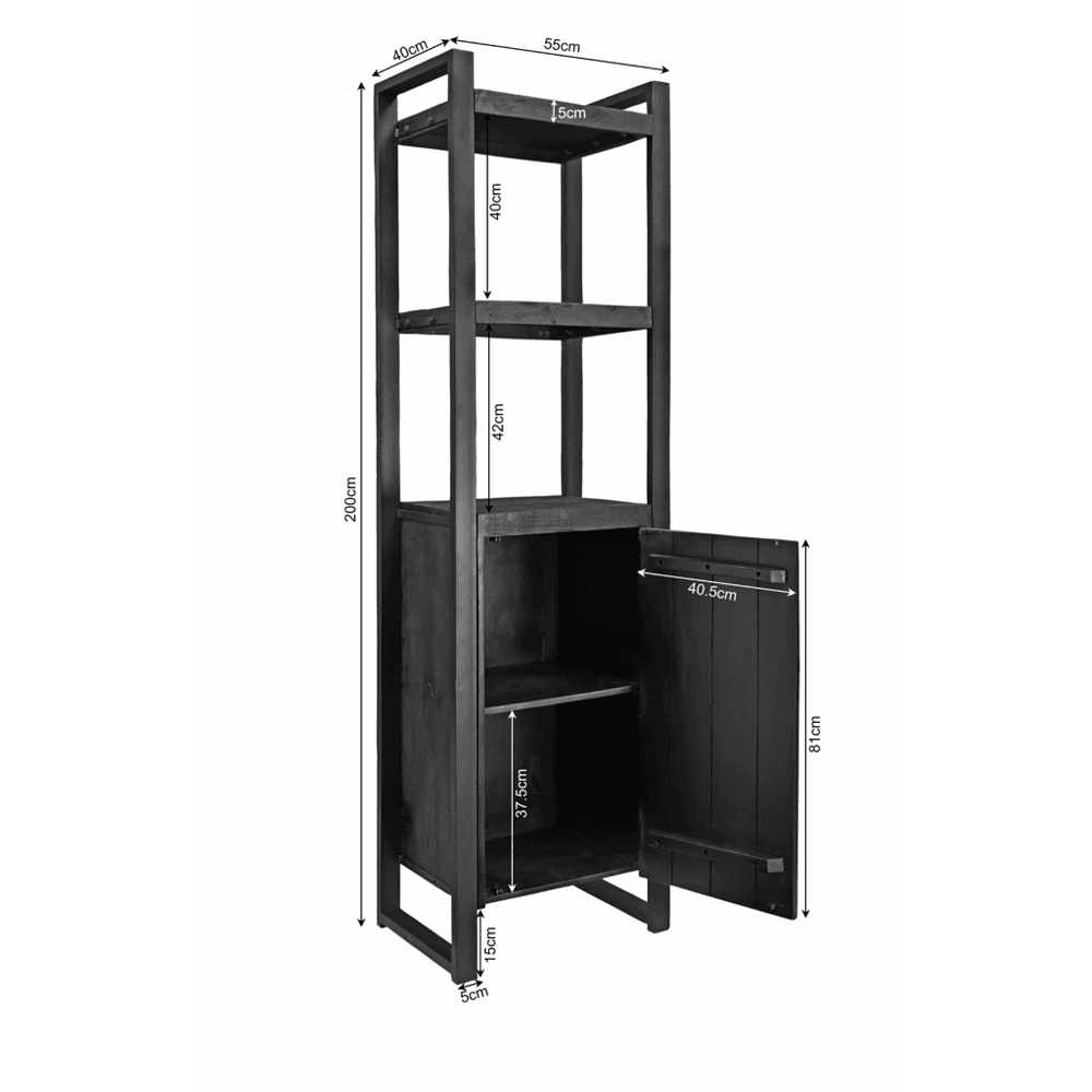 Robuuste zwarte houten boekenkast met open planken en afsluitbare kast voor extra opbergruimte, perfect voor modern interieur en duurzame meubels van Mokana Meubelen.