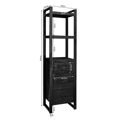 Robuuste zwarte houten tallboy met 3 lades en open vakken, ideaal voor slaapkamers en woonkamers. Modern industrieel design met afmetingen en opbergruimte voor een stijlvolle inrichting.