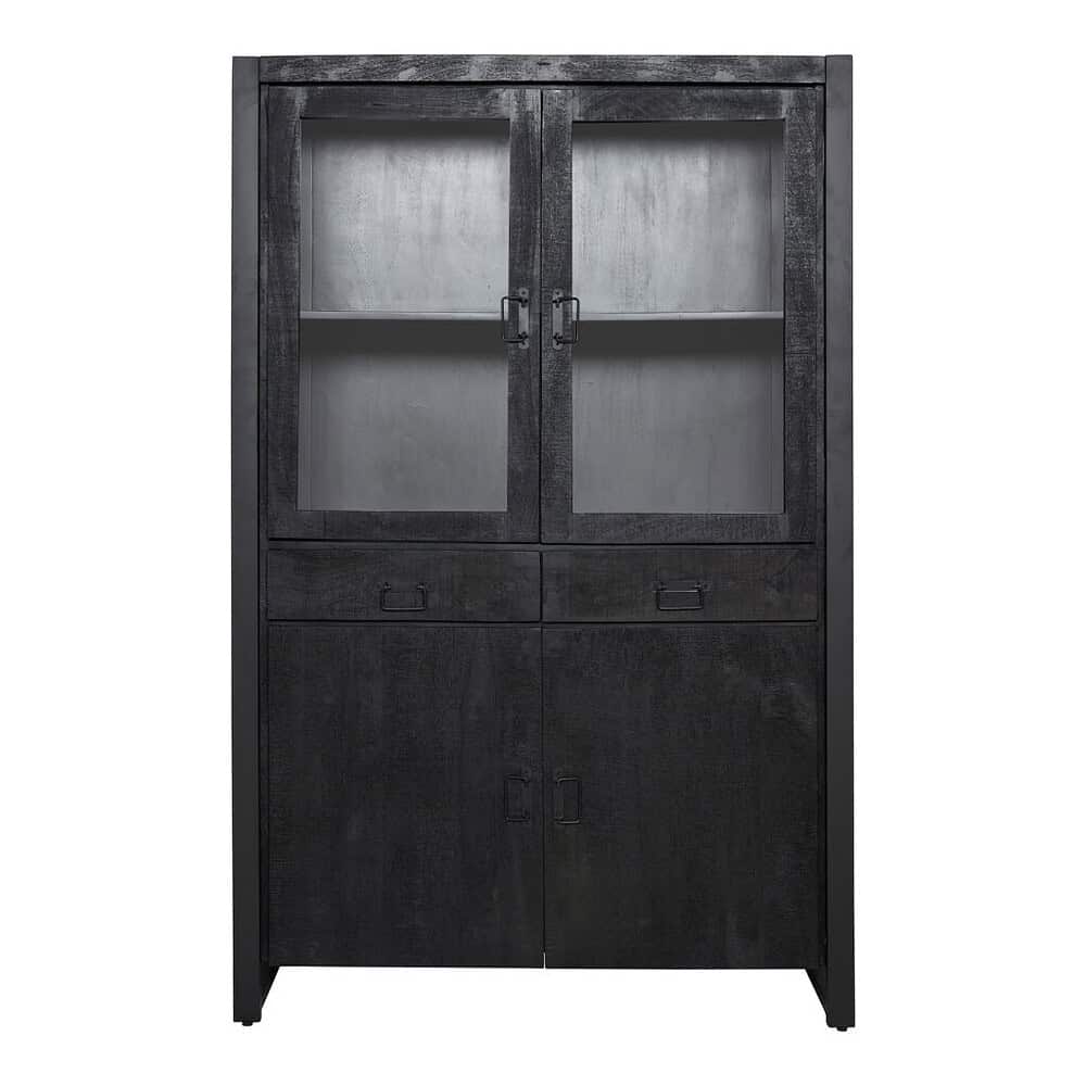 Robuuste industriële boekenkast met glazen deuren en metalen handgrepen, perfect voor woning of kantoor. Gemaakt van hoogwaardig zwart geschilderd hout, combineert functioneel design met een stoere uitstraling.