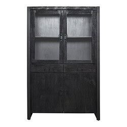 Robuuste industriële boekenkast met glazen deuren en metalen handgrepen, perfect voor woning of kantoor. Gemaakt van hoogwaardig zwart geschilderd hout, combineert functioneel design met een stoere uitstraling.