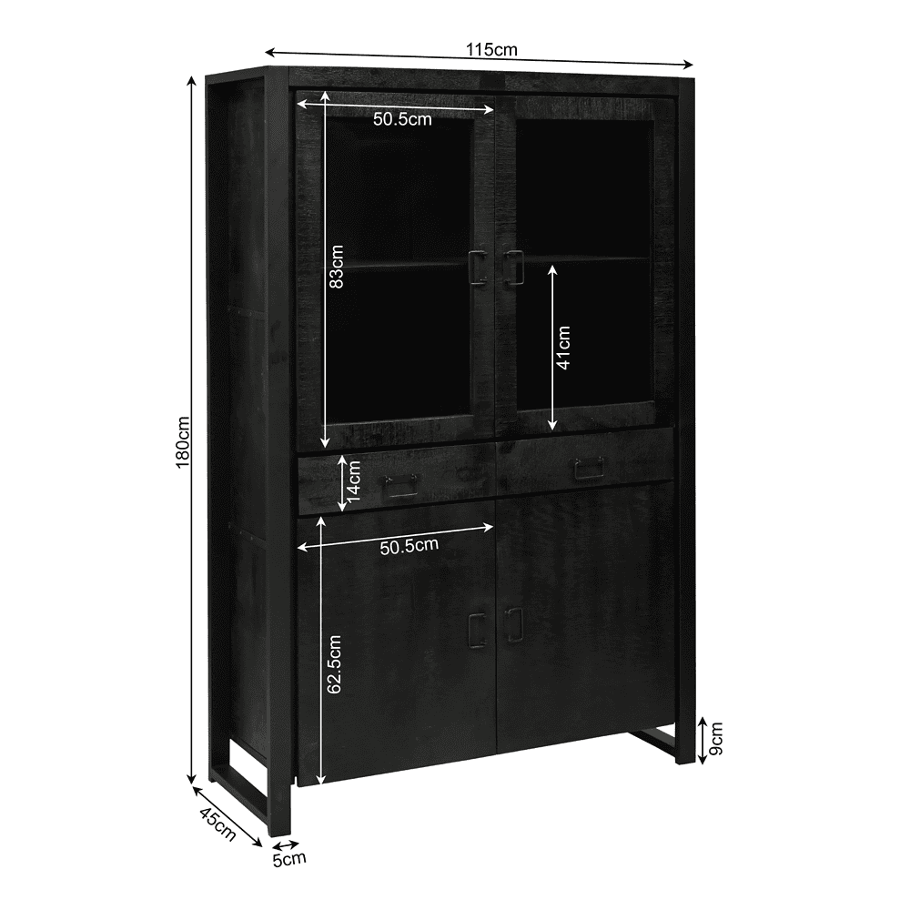 Eikenhouten vitrinekast met glazen deuren en ruime opbergvakken, perfect voor een stijlvolle en functionele woon- of kantoorruimte.