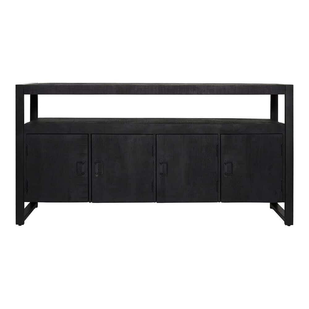 Robuuste zwarte houten buffetkast met meerdere opbergladen en industrieel ontwerp, perfect voor moderne woon- of eetkamers.