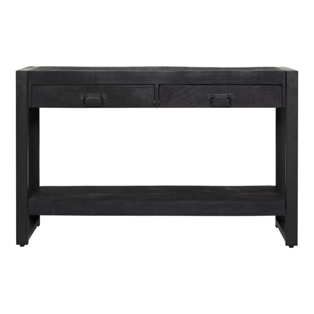 Strak zwart houten console met opberggedeelte en stalen handgrepen, perfect voor modern interieur en functionaliteit.