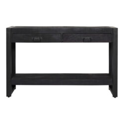 Strak zwart houten console met opberggedeelte en stalen handgrepen, perfect voor modern interieur en functionaliteit.