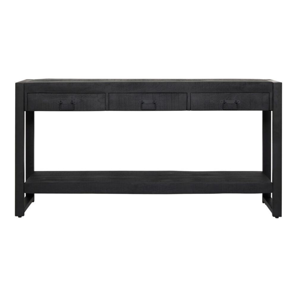 Vintage robuuste zwart houten console tafel met lade en laag plank voor een stijlvolle inrichting. Perfect voor woonkamer, hal of kantoor, met industrieel design en praktische opbergruimte.