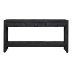 Vintage robuuste zwart houten console tafel met lade en laag plank voor een stijlvolle inrichting. Perfect voor woonkamer, hal of kantoor, met industrieel design en praktische opbergruimte.