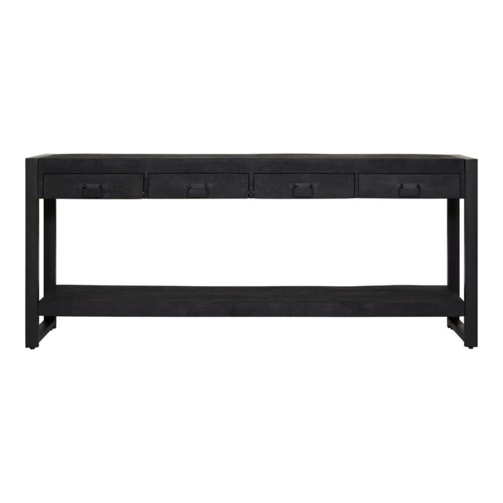 Robuuste zwarte houten dressoirkast met vier lades en onderplank, perfect voor modern interieur en opbergruimte, stijlvolle meubelkeuze voor woonkamer of gang.