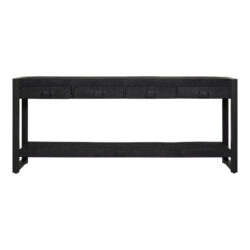 Robuuste zwarte houten dressoirkast met vier lades en onderplank, perfect voor modern interieur en opbergruimte, stijlvolle meubelkeuze voor woonkamer of gang.