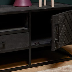 Strak zwart houten dressoir met open vakken en een schuifdeur, moderne meubel voor vintage of industrieel interieur, ideaal voor woon- of slaapkamer, Mokana.nl.