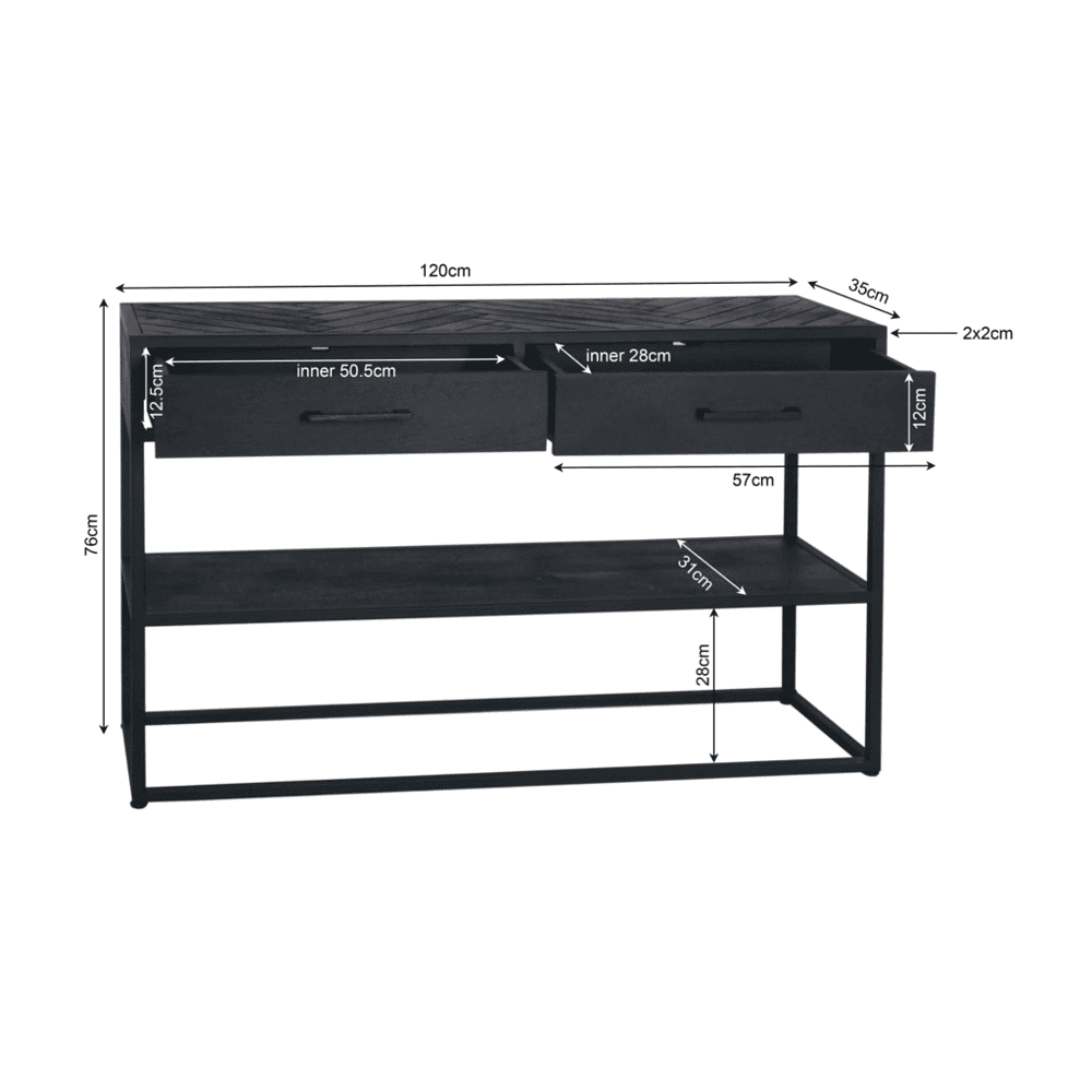 Elegante black houten dressoir met opbergruimte, perfect voor moderne woningen, met ruime laden en open rekken, afmetingen 120x76x35cm, stijlvolle meubels voor woonkamer en entree.