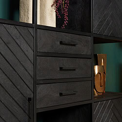 Elegante zwarte dressoir met robuuste houtstructuur en moderne handgrepen, perfect voor stijlvolle woonkamers en opbergen.