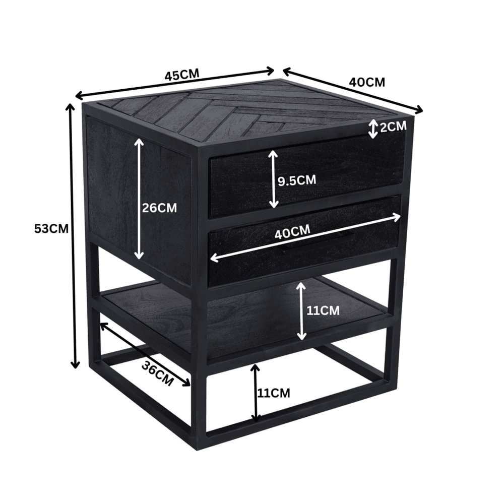 Robuuste zwarte nachtschrank met houtdetails, perfect als opbergruimte in de slaapkamer of woonkamer, gecombineerd met modern industrieel design.