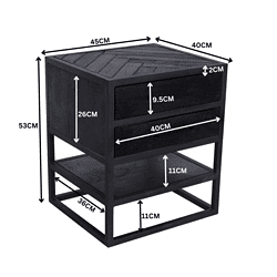 Robuuste zwarte nachtschrank met houtdetails, perfect als opbergruimte in de slaapkamer of woonkamer, gecombineerd met modern industrieel design.