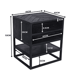 Robuuste zwarte houten nachtkastje met twee lades en onderlegvlak voor extra opbergruimte, ideaal voor diverse interieur stijlen.