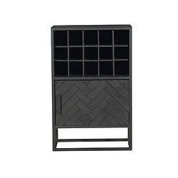 Moderne zwart houten wijnkast met schuifdeuren en open vakken, ideaal voor wijn en glazen opslag - Mokana Meubelen.