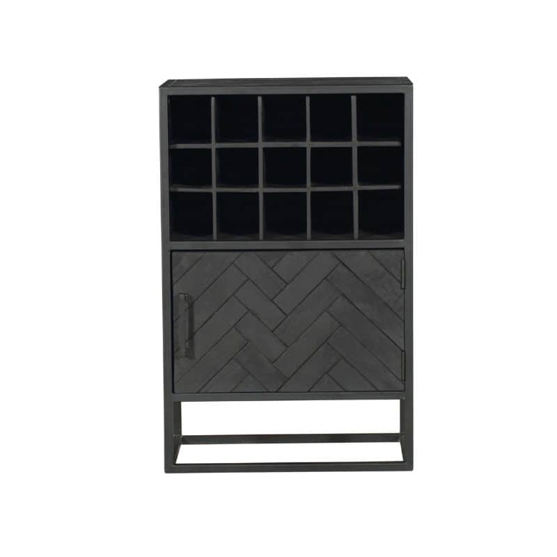 Moderne zwart houten wijnkast met schuifdeuren en open vakken, ideaal voor wijn en glazen opslag - Mokana Meubelen.