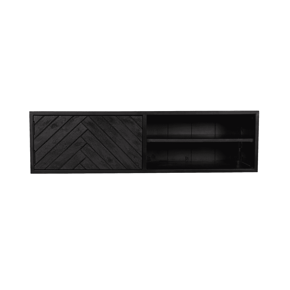 Kast meubel van zwart hout met verstelbare planken en een decoratief gelakt deksel, perfect voor woonkamer of slaapkamer.