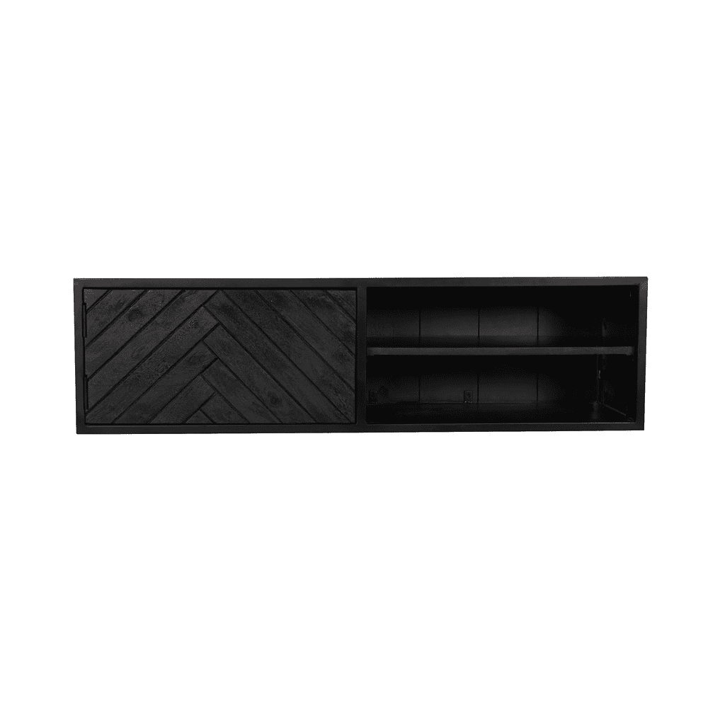 Kast meubel van zwart hout met verstelbare planken en een decoratief gelakt deksel, perfect voor woonkamer of slaapkamer.
