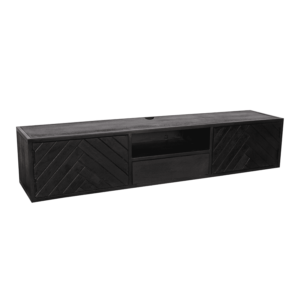 Modern zwarte houten mediameubel met diagonale patronen, ruime opbergruimte en open vakken, perfect voor moderne woonkamers en TV-accessoires.