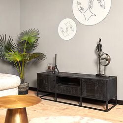 Modern zwart houten tv-meubel met metalen frame en sierlijke decoratieobjecten voor een stijlvolle woonkamer.