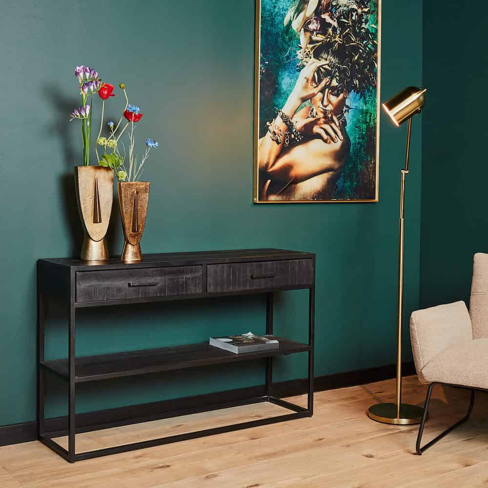 Elegant zwarte console met twee lades en een onderste plank, perfect voor modern interieur.