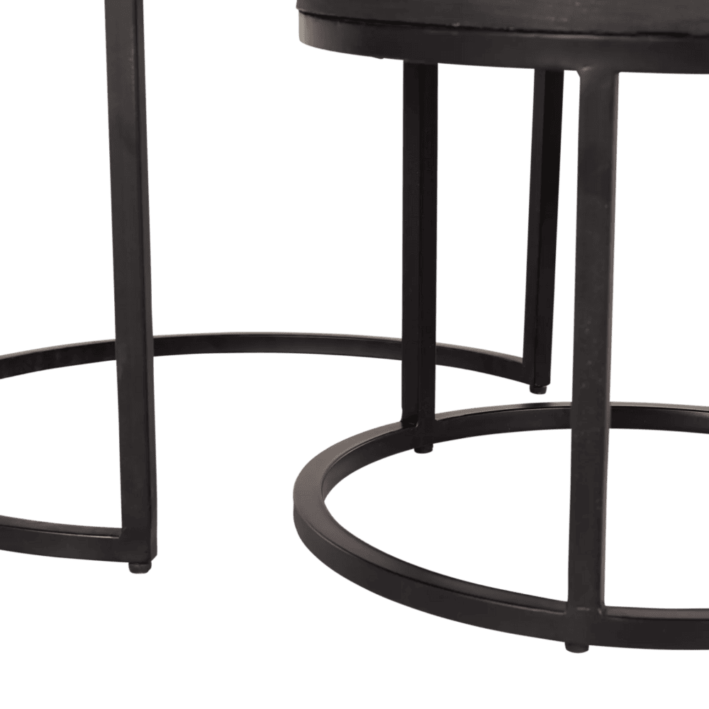 Zwarte metalen tafel onderstel met ronde basis, modern en industrieel design, geschikt voor eet- en salontafels.