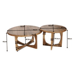 Rustieke houten bijzettafels set met ronde bladen en natuurlijke afwerking, perfect voor een gezellige woonkamer of inloopkast. Geschikt voor gebruik als salontafel of decoratief accessoire, met elegante en praktische ontwerpdetails.