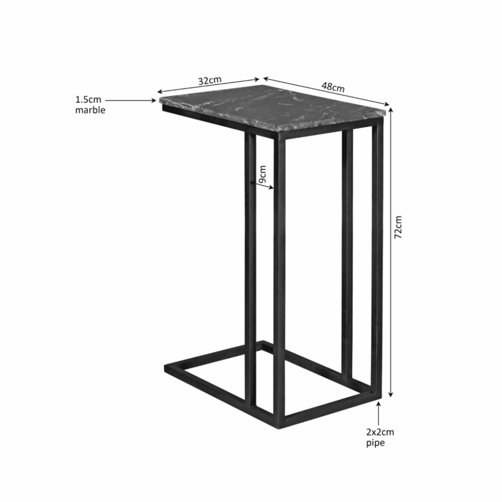 Elegante bijzettafel met marmeren blad en zwart metalen frame, modern ontwerp, perfect voor woonkamer of slaapkamer. Compact en stijlvol meubelstuk voor elke interieurstijl.