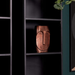 Minimalistische zwarte boekenkast met decoratieve aardetint beeldsieraad en groene planten, modern interieurdesign.