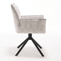 Elegant beige velvet eetkamerstoel met draaibare zwarte onderstel, comfortabel en stijlvol, perfect voor modern interieur, bij Mokana Meubelen.