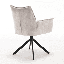 Modern beige velvet draaistoel met zwarte metalen onderstel, perfect voor gezellige woonkamers en kantoorruimtes, stijlvolle meubelstukken van Mokana Meubelen.